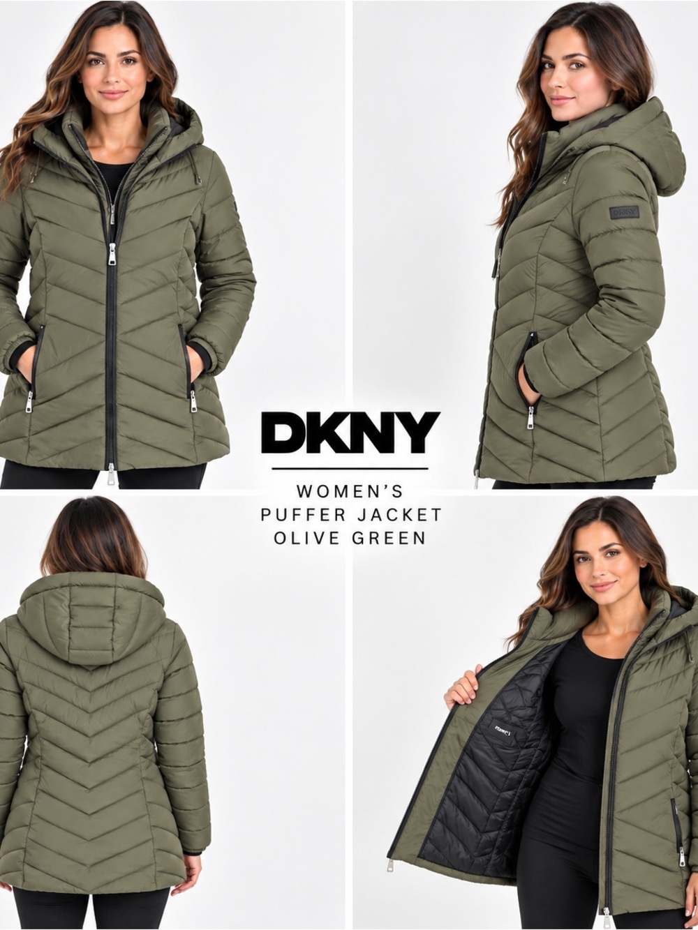 DKNY Olive Green Quilted Hooded Puffer Jacket